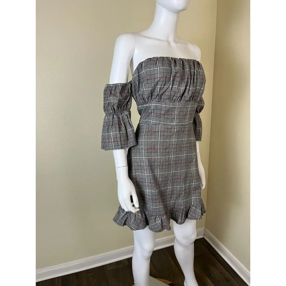 Tularosa Women Size L Angie Gray Plaid Ruffle Mini Dress Preppy Academia Party